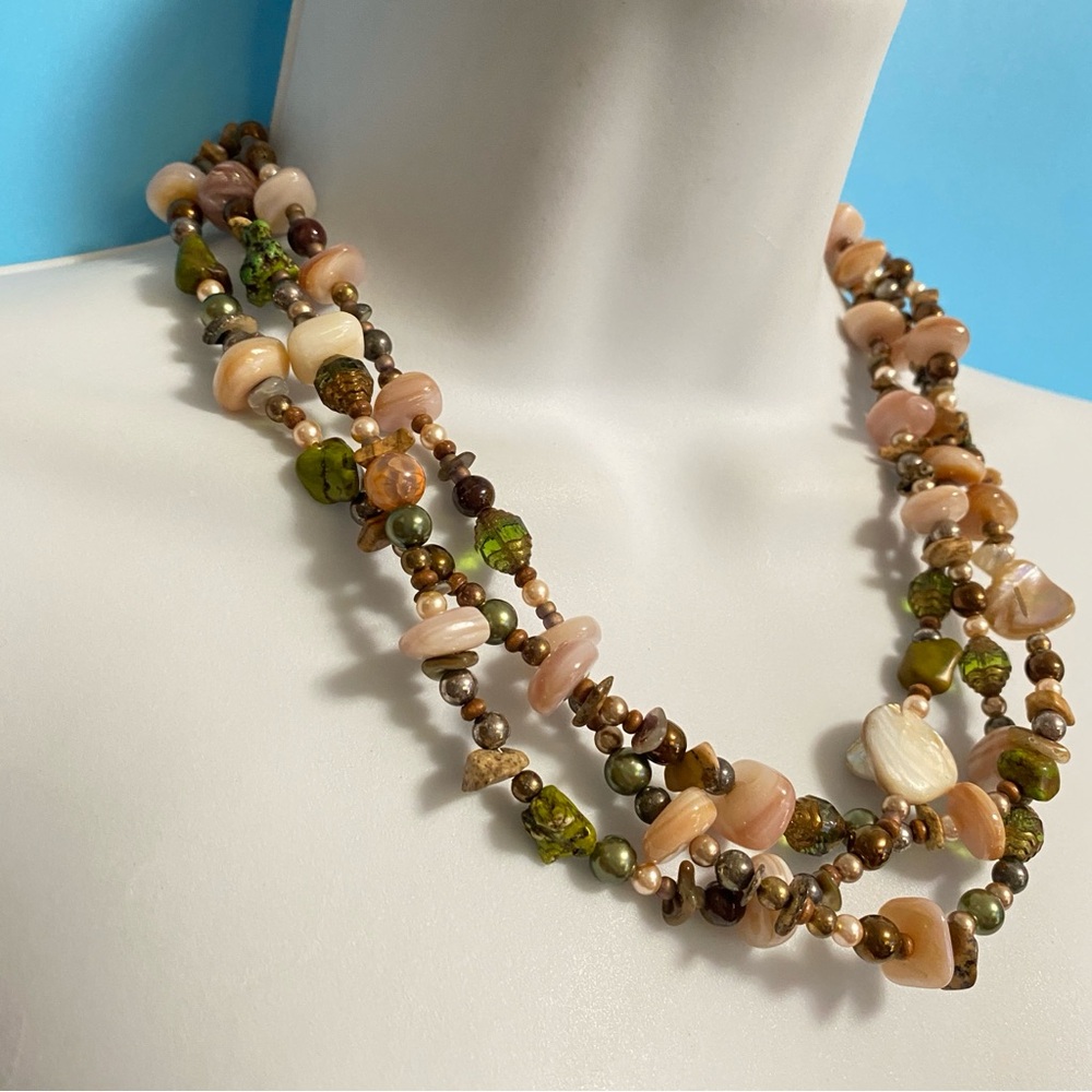 Multistrand Stone Glass Shell Beads Natural Bohemian Style Artisan Made Necklace